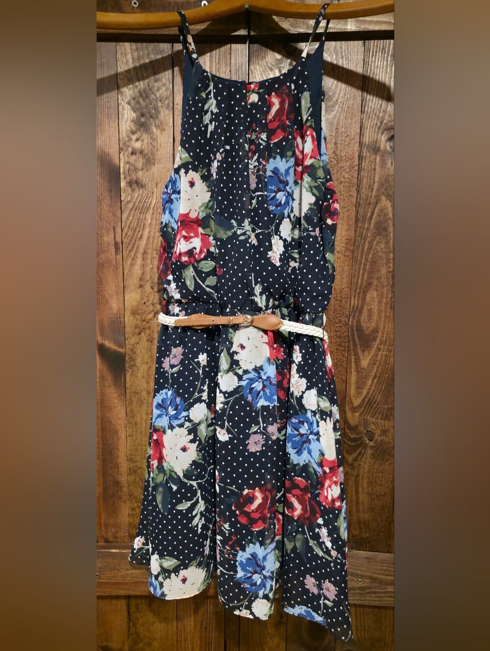 Iz Byer Black Floral & Polka Dot Maxi Dress with Braided Belt